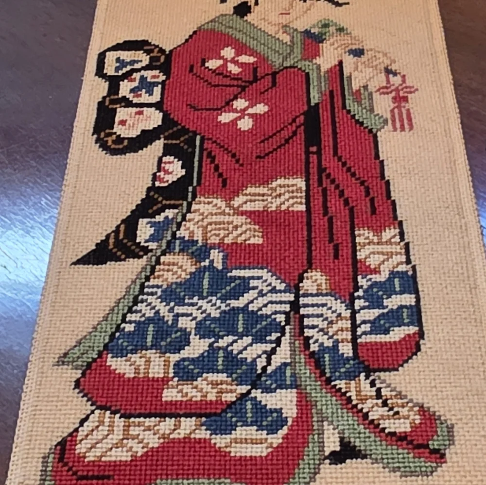 Embroidered Geisha Wall Art Panel in Red and Blue